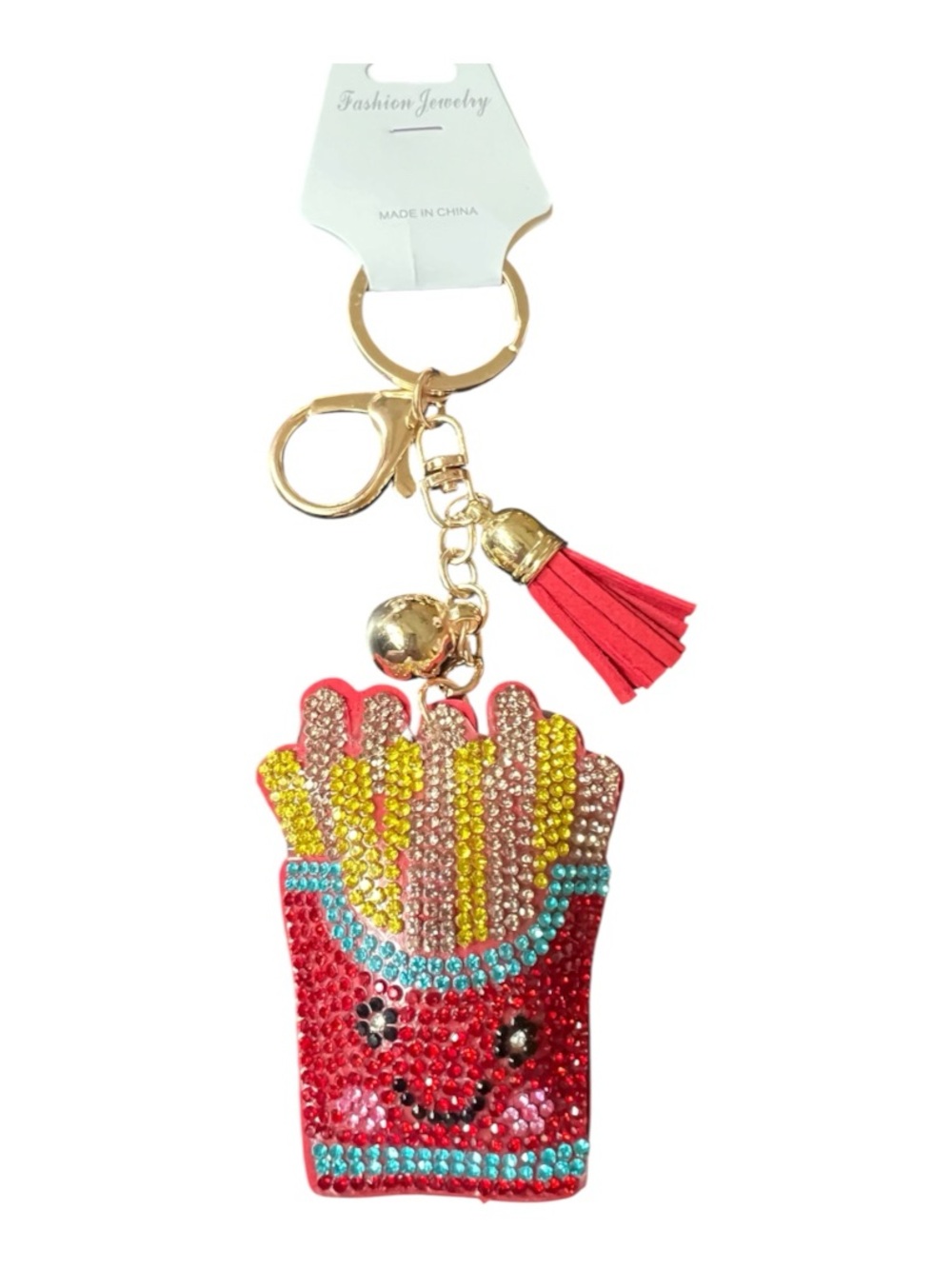 Cute Red & Yellow Rhinestone French Fry Keychain and Bag Charm with Tassel